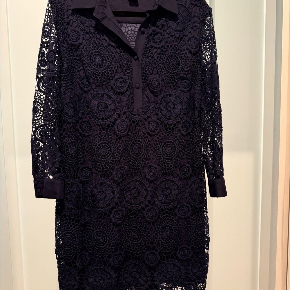 Taylor Navy Blue Long Sleeve Notched Collar Dress